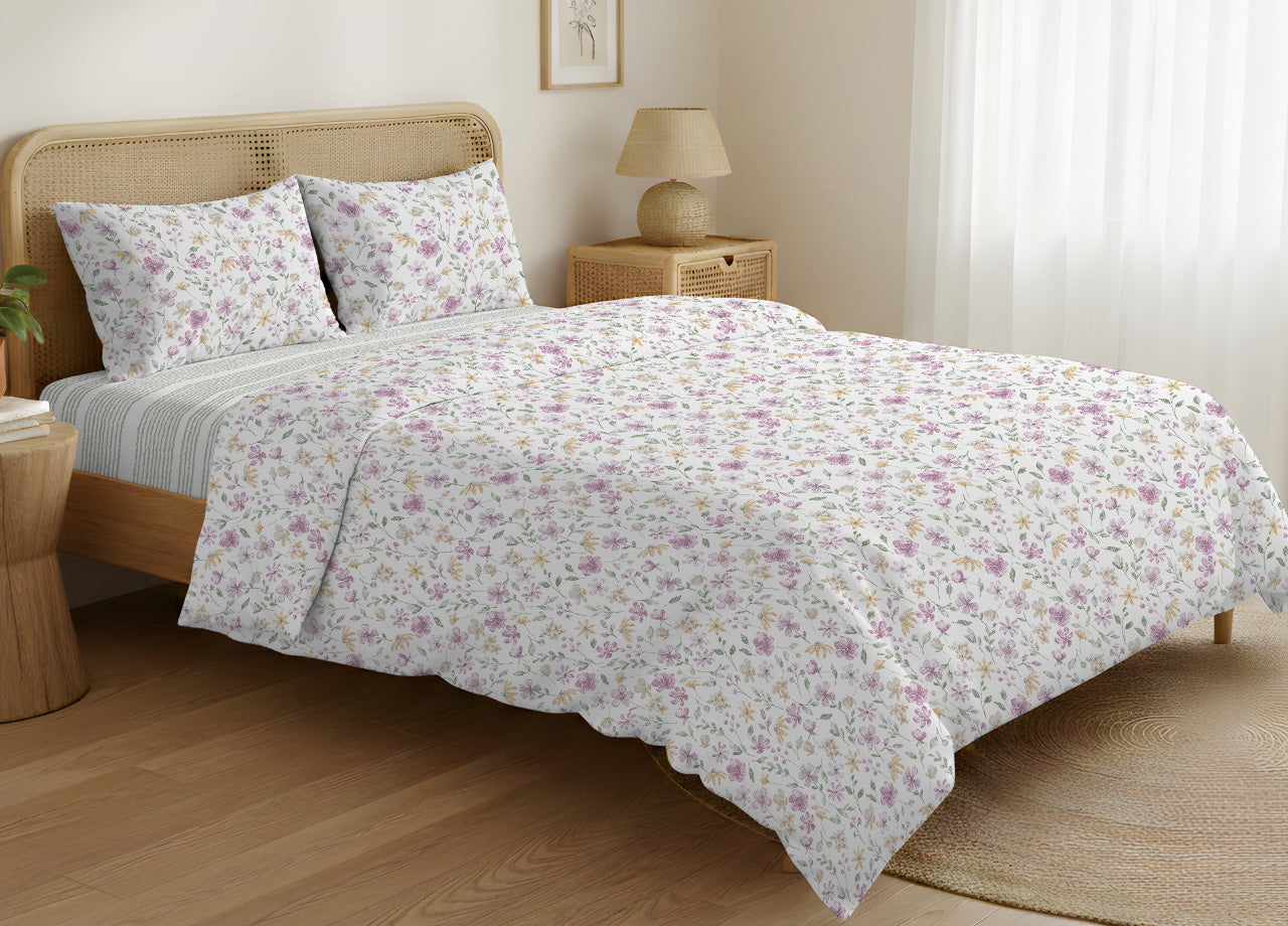 Sacco Copripiumino In 100% Cotone Made Italy Disegno Primavera - Singolo - Rosa