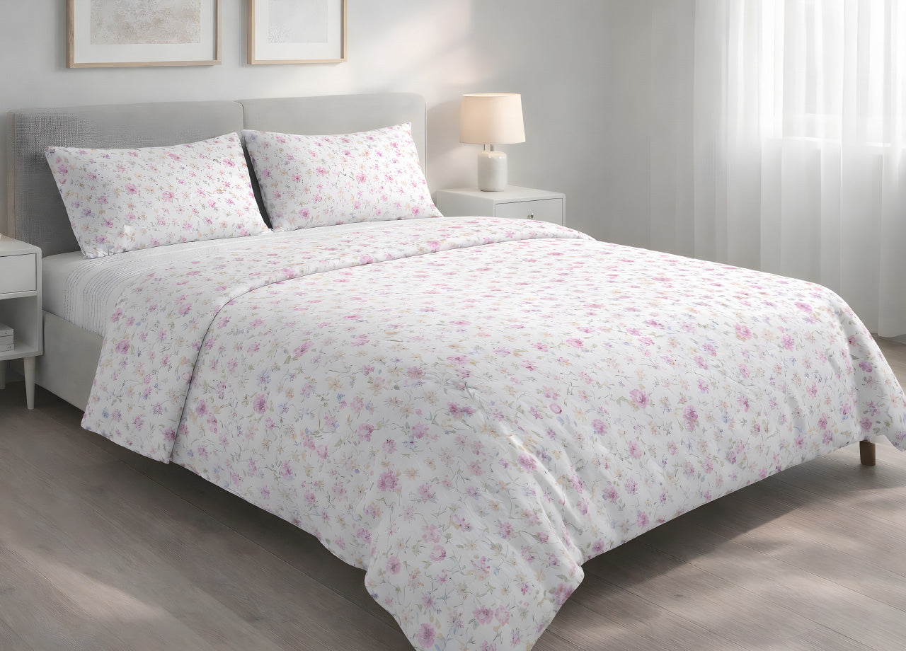 Sacco Copripiumino In 100% Cotone Made Italy Disegno Primavera - Singolo - Rosa