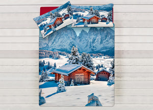 Parure Copripiumino Sacco Piumino Letto 100% Cotone Sogni D'oro Disegno Baita Dis. 70 - Piazza E Mezza - Baita