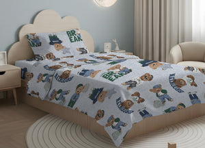 Sacco Copripiumino In 100% Cotone Made Italy Disegno Teddy - Singolo - Azzurro