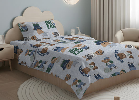 Sacco Copripiumino In 100% Cotone Made Italy Disegno Teddy - Matrimoniale - Azzurro