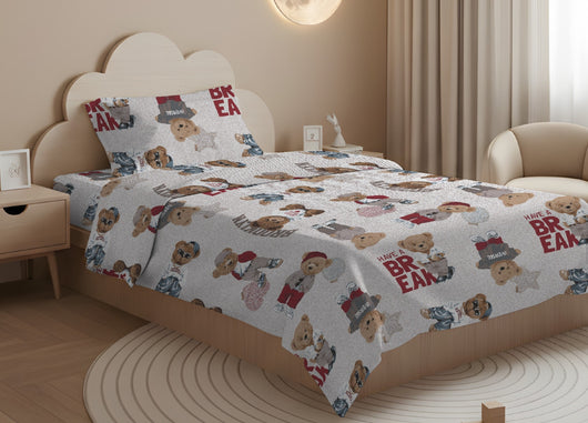 Sacco Copripiumino In 100% Cotone Made Italy Disegno Teddy - Singolo - Beige