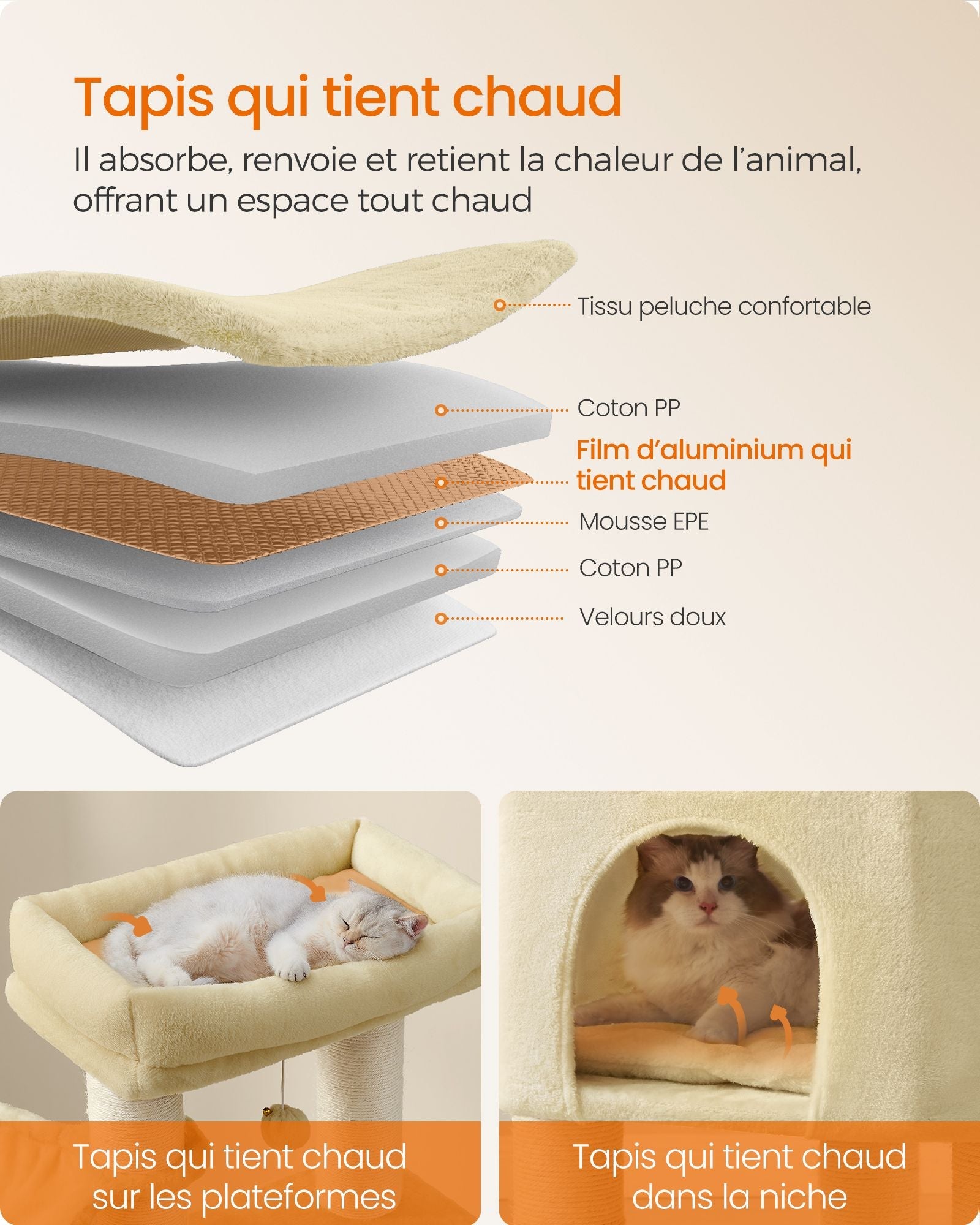 Tiragraffi grande e stabile con tappetino caldo autopulente tiragraffi tana amache piattaforme corda in sisal 50 x 50 x 160 cm beige 12_0003836