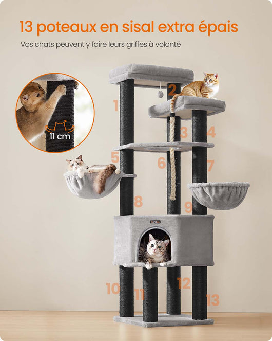 Grande albero per gatti torre gioco per gatti a più livelli 55 x 55 x 1867 cm pali in sisal da 11 cm di diametro grigio 12_0008009