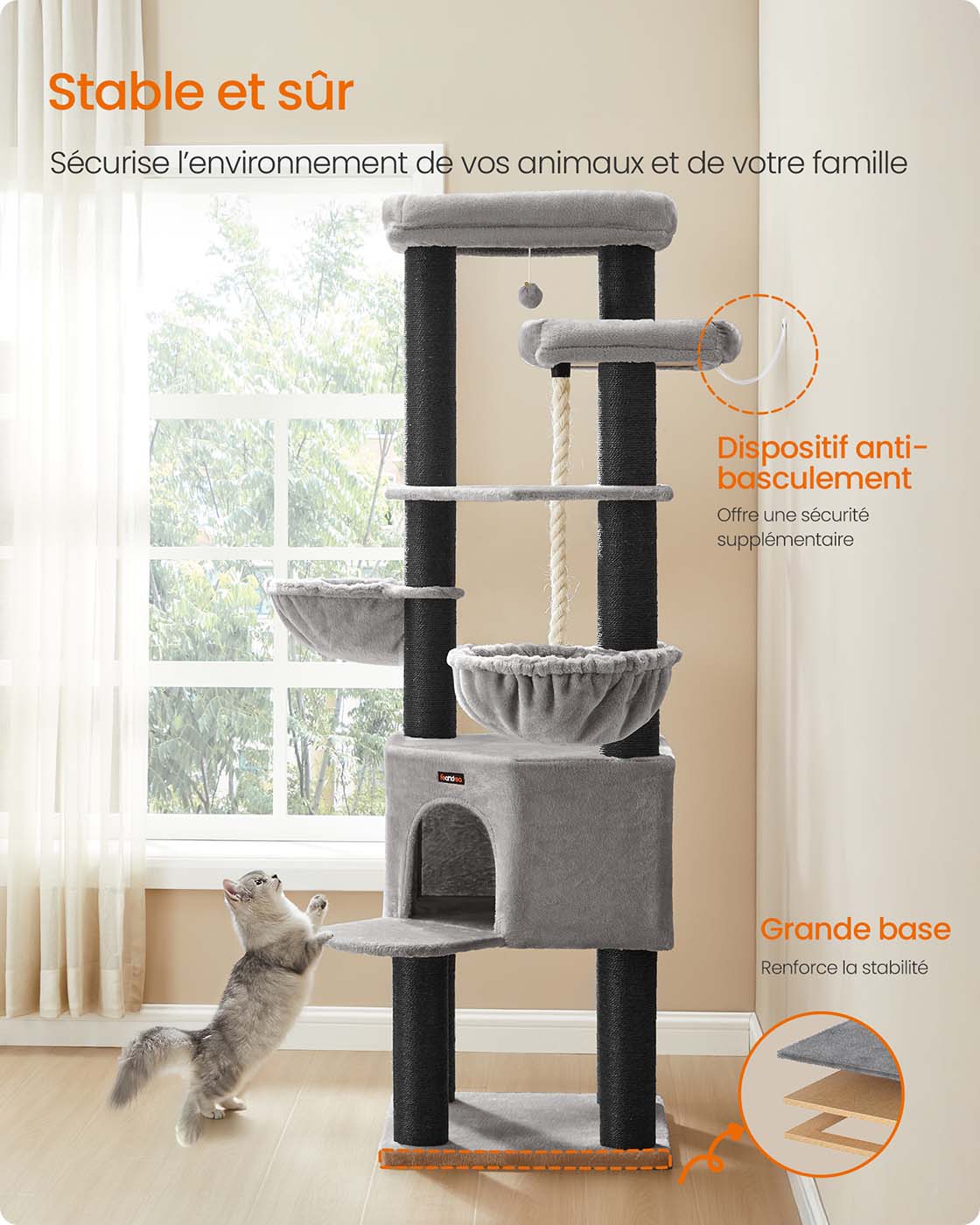 Grande albero per gatti torre gioco per gatti a più livelli 55 x 55 x 1867 cm pali in sisal da 11 cm di diametro grigio 12_0008009