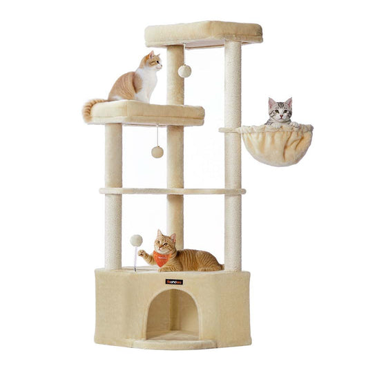 Tiragraffi 485 x 485 x 1407 cm Torre gioco per gatti con grotta per gatti grandi piattaforme palline di peluche amaca beige 12_0008012