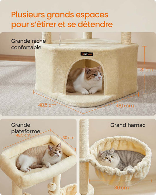 Tiragraffi 485 x 485 x 1407 cm Torre gioco per gatti con grotta per gatti grandi piattaforme palline di peluche amaca beige 12_0008012