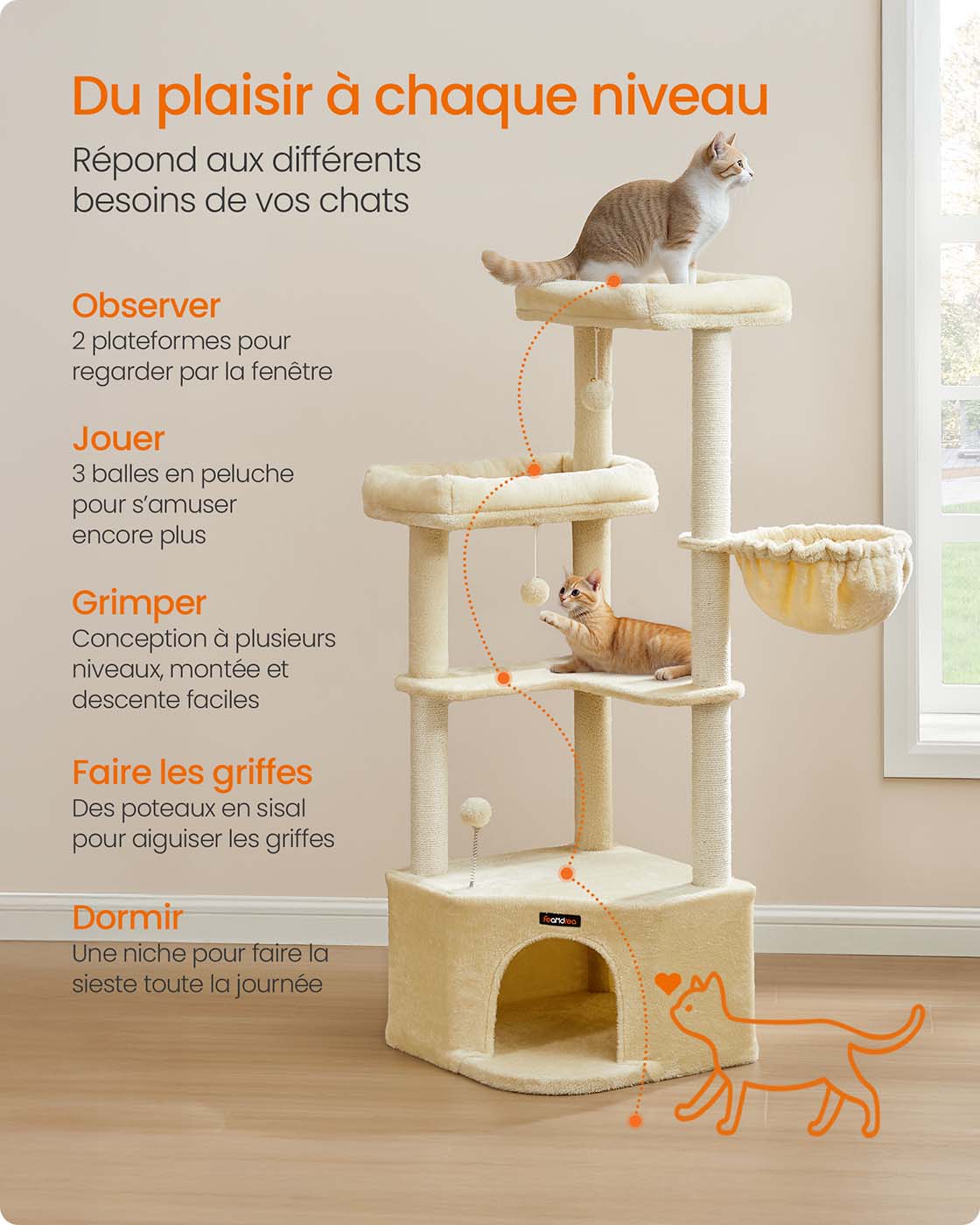 Tiragraffi 485 x 485 x 1407 cm Torre gioco per gatti con grotta per gatti grandi piattaforme palline di peluche amaca beige 12_0008012