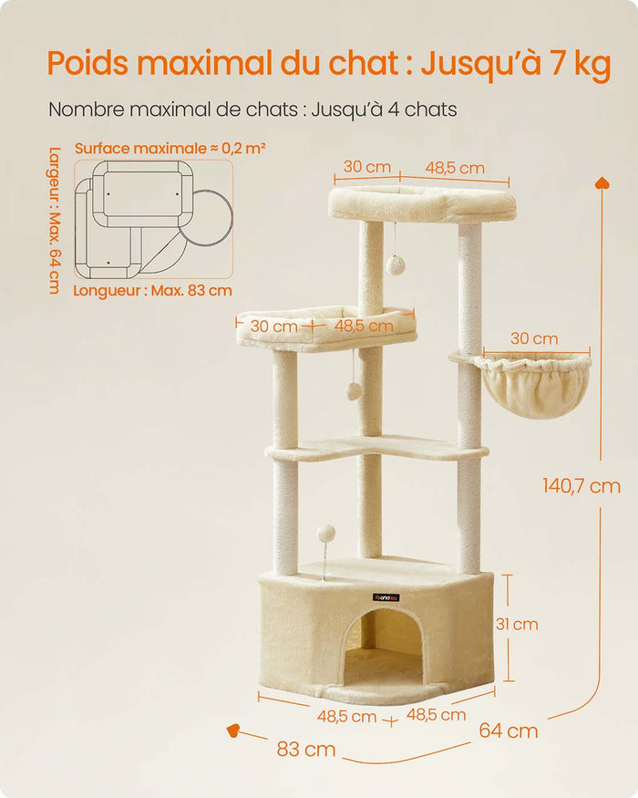 Tiragraffi 485 x 485 x 1407 cm Torre gioco per gatti con grotta per gatti grandi piattaforme palline di peluche amaca beige 12_0008012