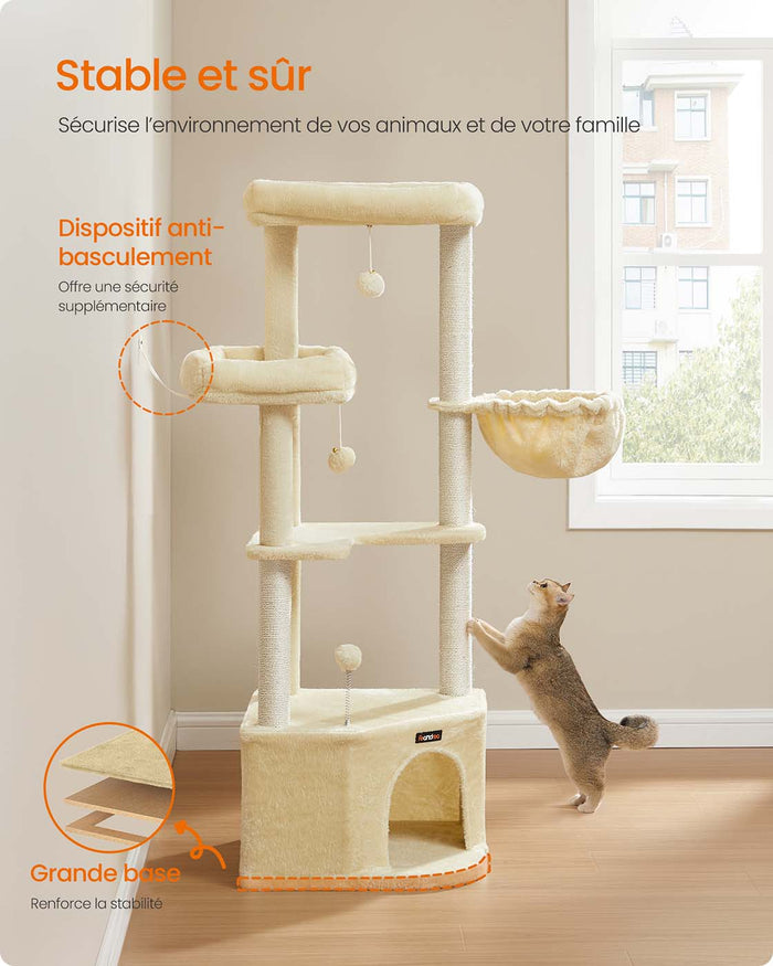Tiragraffi 485 x 485 x 1407 cm Torre gioco per gatti con grotta per gatti grandi piattaforme palline di peluche amaca beige 12_0008012