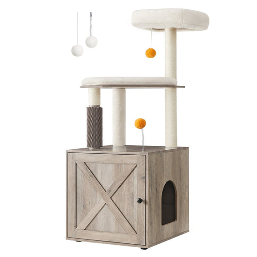 Tiragraffi con lettiera moderna torre gioco 2 in 1 cuccia per gatti da 134 cm con lettiera tiragraffi trespolo tappetino lavabile grigio 12_0003812