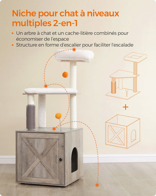 Tiragraffi con lettiera moderna torre gioco 2 in 1 cuccia per gatti da 134 cm con lettiera tiragraffi trespolo tappetino lavabile grigio 12_0003812