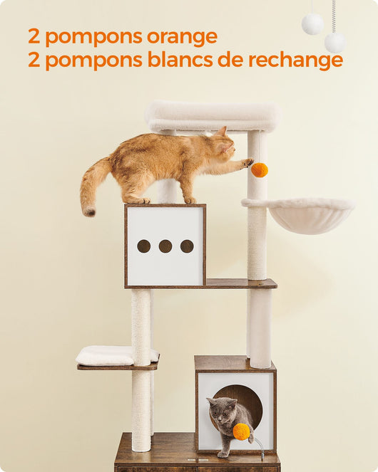 Tiragraffi moderno con lettiera torre gioco tiragraffi con casetta per WC 185 cm nicchia piattaforma tappetini lavabili greige 12_0003866