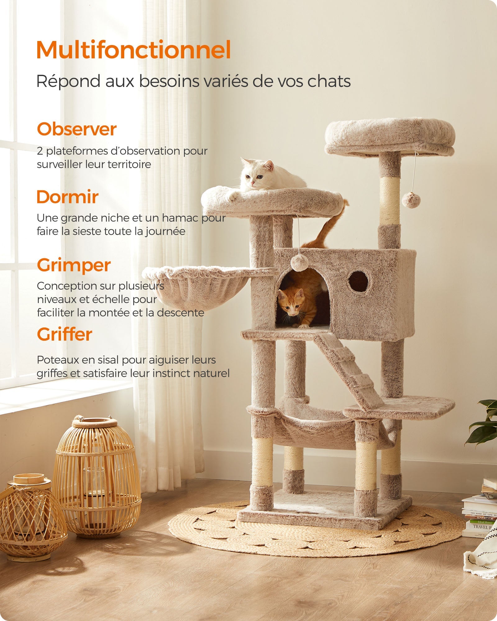 Torre per gatti 49 x 49 x 135 cm grande marrone chiaro morbido 12_0003901