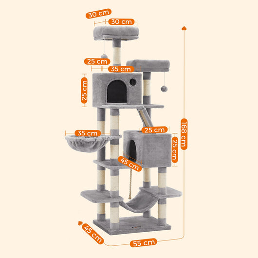 Tiragraffi grande torre gioco altezza 168 cm con 13 tiragraffi 1 tavola tiragraffi 2 piattaforme 2 nicchie cesto amaca pompon tessuto peluche multilivello grigio 12_0003840