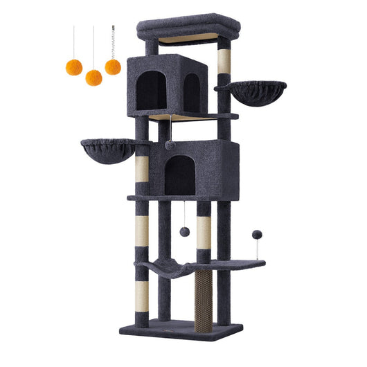 Tiragraffi a torre per gatti altezza 175 cm rifugio per gatti a più livelli con 2 nicchie 2 cestini 5 tiragraffi trespolo autopulente amaca grigio tortora pct182g01 12_0003882