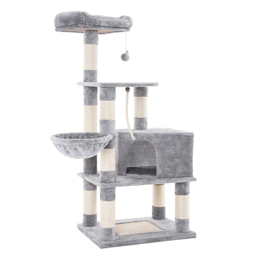 Tiragraffi multilivello con grande capacità piattaforma di osservazione amaca tana tronco in sisal base rinforzata altezza 138 cm grigio chiaro 12_0003872