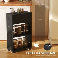 Carrello da Cucina con 2 Ripiani Aperti, Cassetto e Parapetti, Legno e Acciaio Inox, 25x50x85 cm, Nero