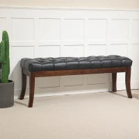 Panca Fondo Letto Imbottita con Design a Bottoni e Gambe Ricurve, in Pelle PU e Legno, 120x38x46 cm, Nero