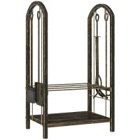 Portalegna per interni a 2 Livelli, con 4 Attrezzi per Camino e Ganci, 43x30x74 cm, Marrone