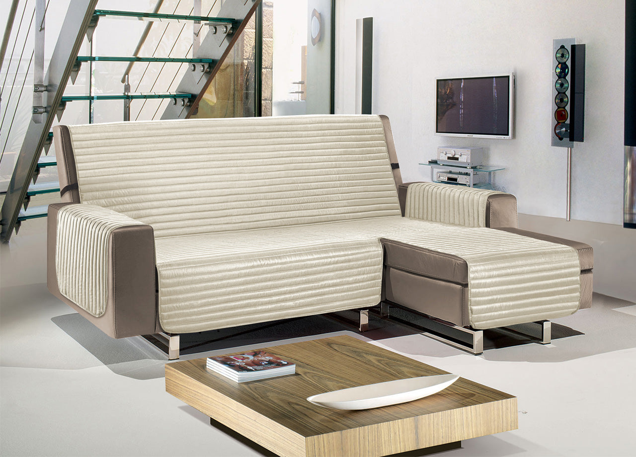 Copridivano Con Penisola Sofà Cover Trapuntato Antimacchia Double Face - 240cm - Panna