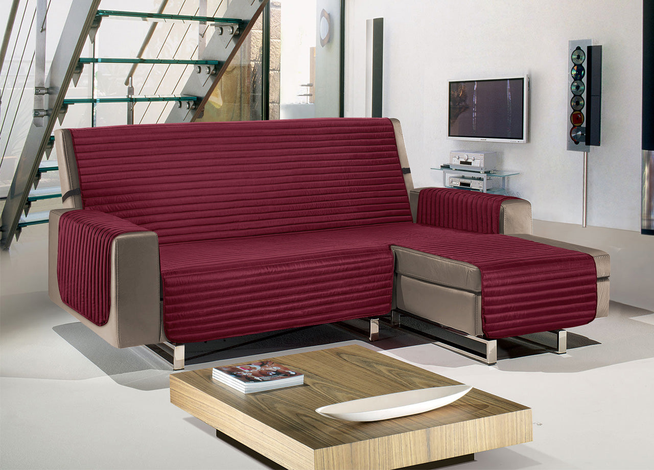 Copridivano Con Penisola Sofà Cover Trapuntato Antimacchia Double Face - 240cm - Bordeaux