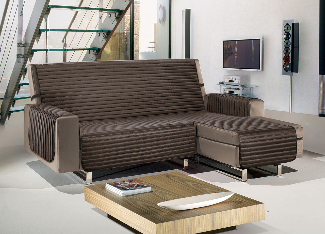 Copridivano Con Penisola Sofà Cover Trapuntato Antimacchia Double Face - 240cm - Marrone