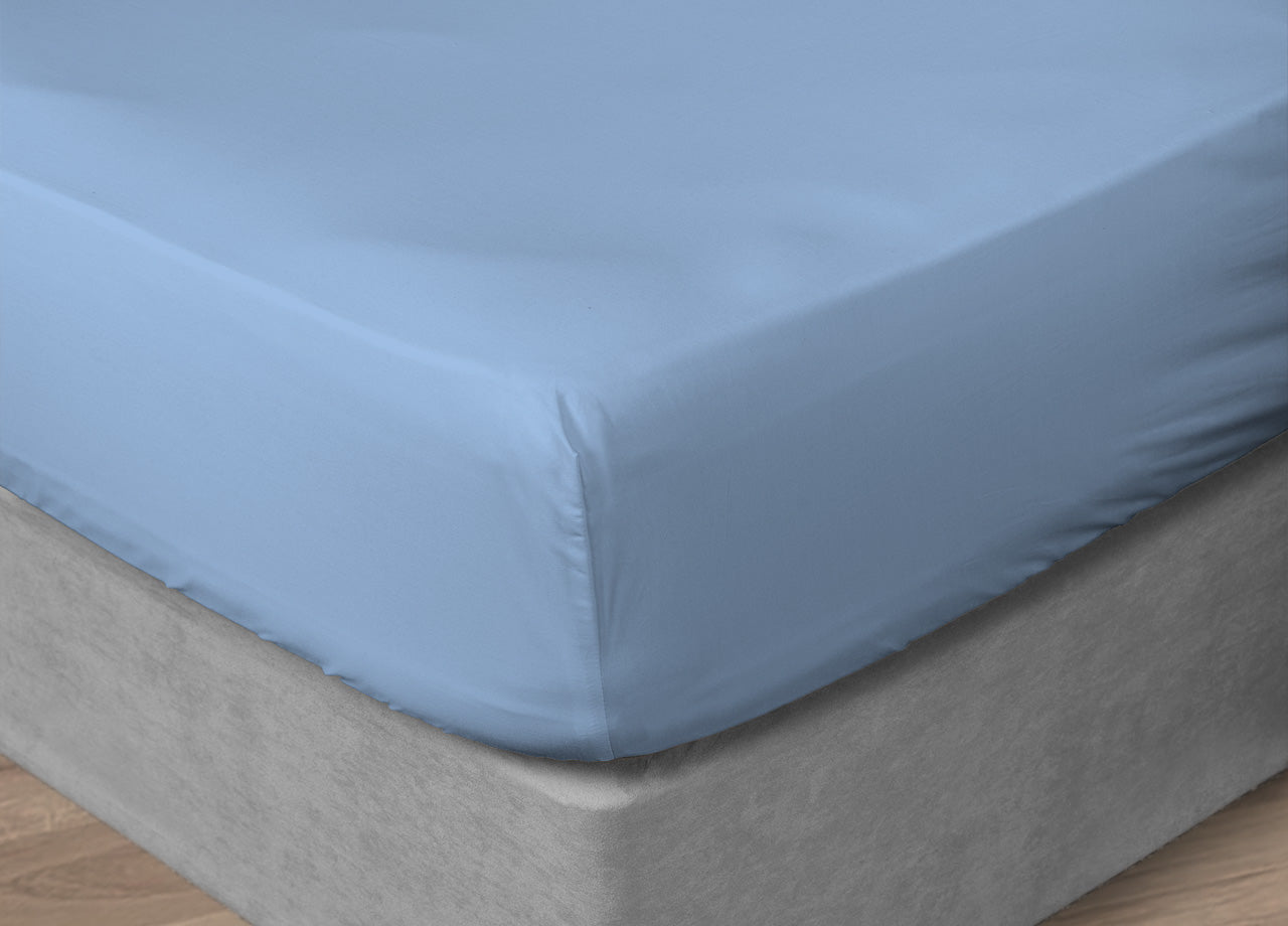 Lenzuola Sotto Con Angoli In 100% Cotone Percalle In Tinta Unita - 2 Piazze H30 - Azzurro