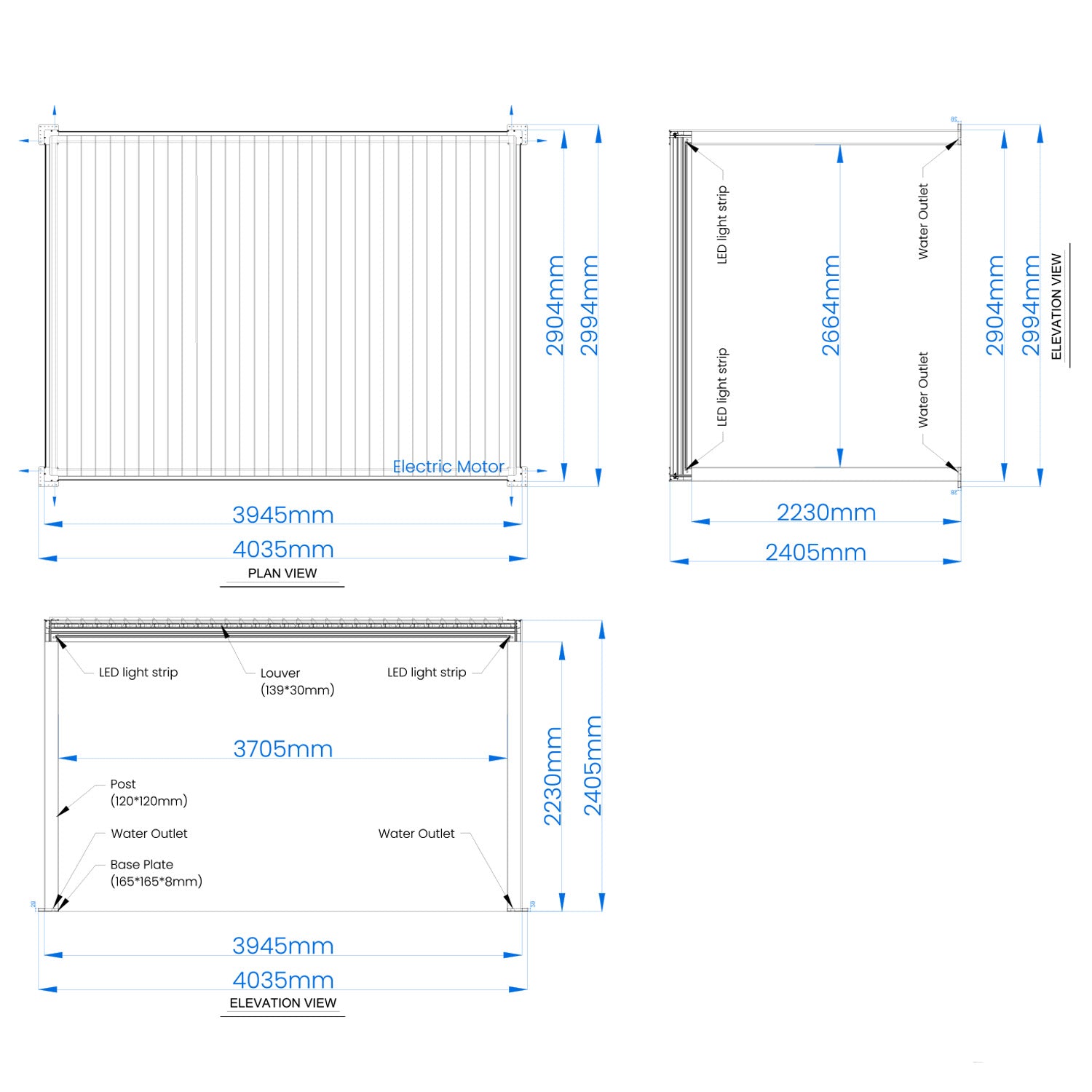 SINED Pergola Motorizzata Autoportante 3x4 in Alluminio Nero e Bianco con Lamelle Regolabili da 0 a 100gradi Sensori Solari Integrati - Modello PERGOLA-DORA-3x4