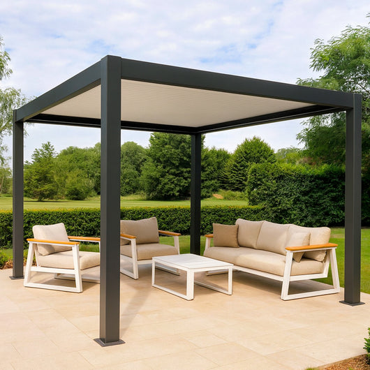 SINED Pergola Motorizzata Autoportante 3x4 in Alluminio Nero e Bianco con Lamelle Regolabili da 0 a 100gradi Sensori Solari Integrati - Modello PERGOLA-DORA-3x4