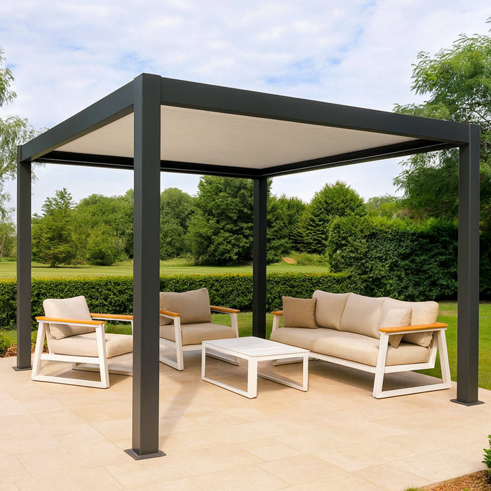 SINED Pergola Motorizzata Autoportante 3x4 in Alluminio Nero e Bianco con Lamelle Regolabili da 0 a 100gradi Sensori Solari Integrati - Modello PERGOLA-DORA-3x4