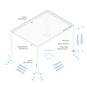 SINED Pergola Motorizzata Autoportante 3x4 in Alluminio Nero e Bianco con Lamelle Regolabili da 0 a 100gradi Sensori Solari Integrati - Modello PERGOLA-DORA-3x4