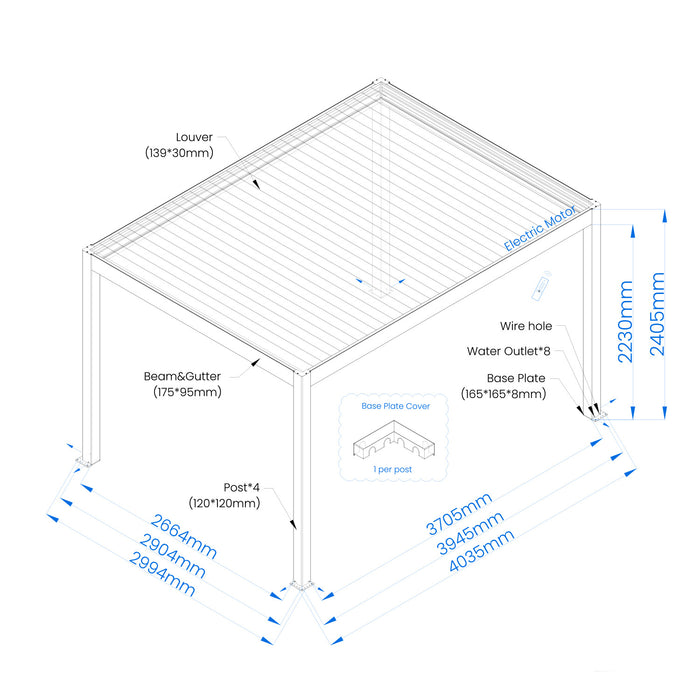 SINED Pergola Motorizzata Autoportante 3x4 in Alluminio Nero e Bianco con Lamelle Regolabili da 0 a 100gradi Sensori Solari Integrati - Modello PERGOLA-DORA-3x4