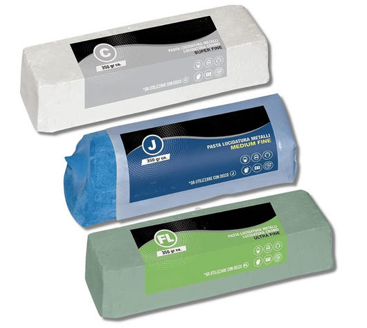 Pasta Abrasiva Lucidante Kit 3 x 350gr (FL-C-J) Set Lucidatura Alluminio Cera Per Lucidare Acciaio Inox Metalli Ottone Rame Cromature Legno Plexiglass