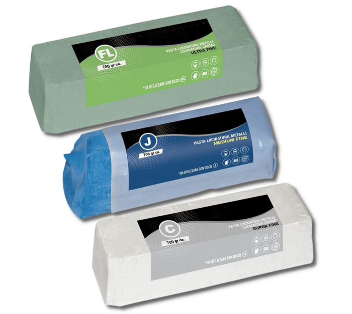 Pasta Abrasiva Lucidante Kit 3 x 700gr (FL-C-J) Set Lucidatura Alluminio Cera Per Lucidare Acciaio Inox Metalli Ottone Rame Cromature Legno Plexiglass