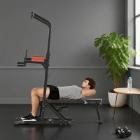 Power Tower Pieghevole, Stazione Fitness Multifunzione Regolabile in 7 Posizioni con Sbarra Trazioni, Dip Station, Pull UP Station e Panca Piana in Acciaio, per Home Gym Casa, Portata 150kg