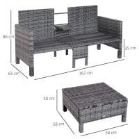 Set da Giardino 3 Pezzi con Divano a 2 Posti e 2 Sgabelli con Cuscini, in Rattan PE e Metallo