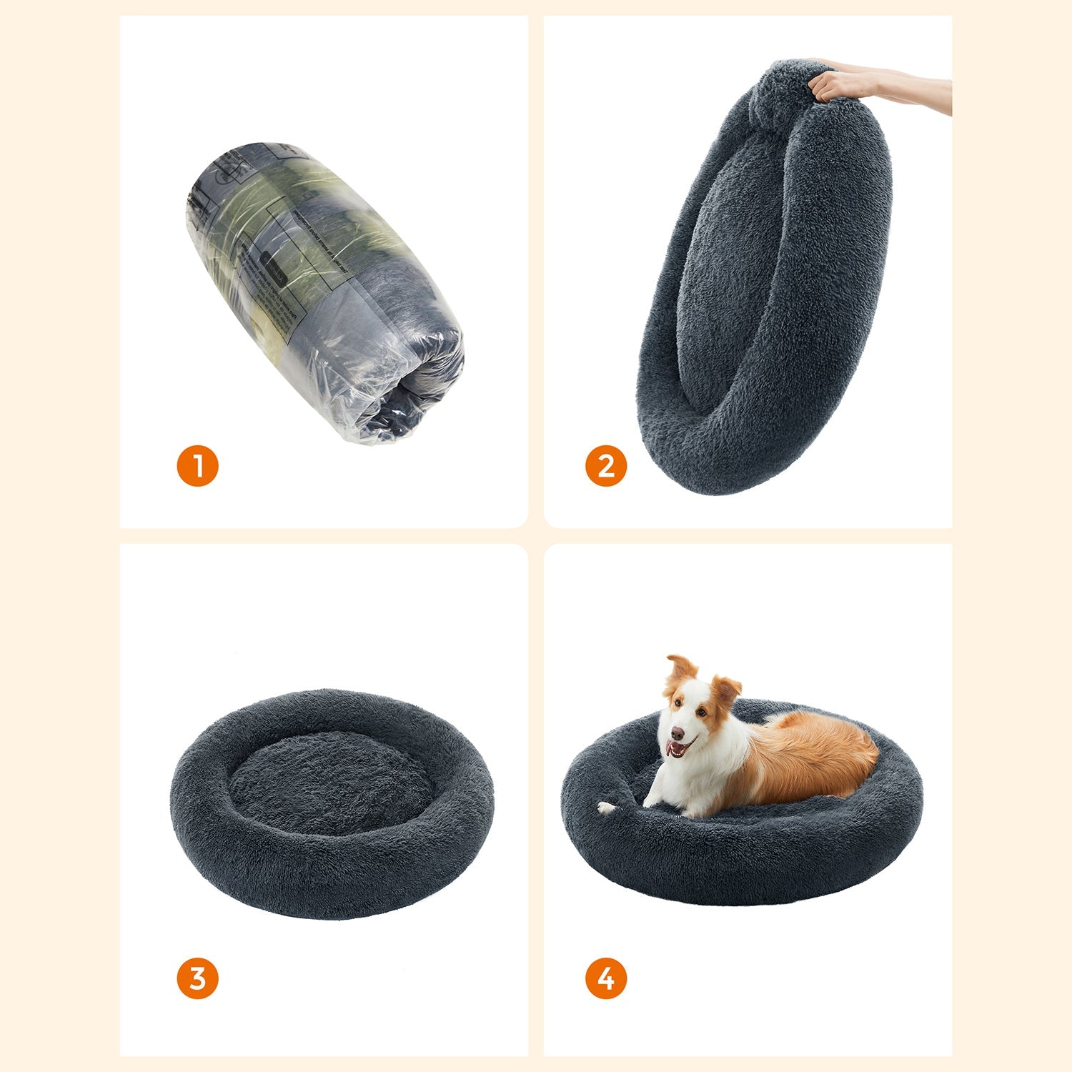 Cuccia rotonda per cani divano a forma di ciambella con cuscino centrale sfoderabile e lavabile morbido tessuto di peluche 100 cm grigio 12_0006847