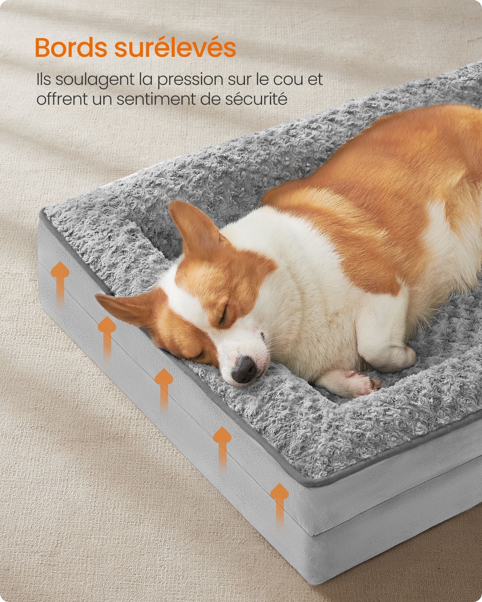 Cuccia per cani cuccia ortopedica per animali domestici schiuma a nido d'ape bordi imbottiti rialzati rivestimento in peluche sfoderabile con motivi rosa 91 x 68 x 16 cm grigio tortora 12_0006814