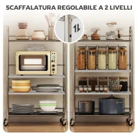 Carrello Multiuso a 4 Livelli con 2 Ripiani Regolabili e Bordi Rialzati, in Acciaio Inox, 60x35x100 cm