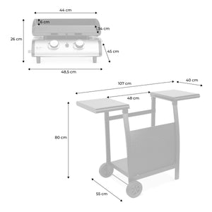 Plancha a gas 2 bruciatori inox con carrello, 5kw , nero