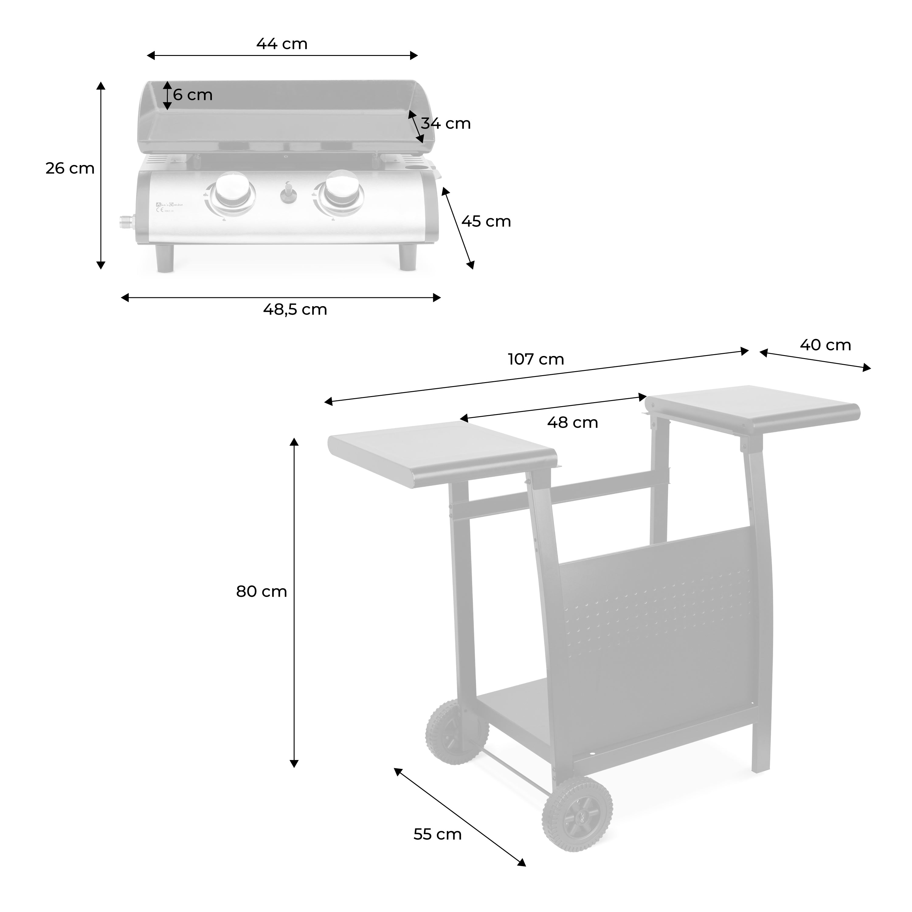 Plancha a gas 2 bruciatori inox con carrello, 5kw , nero