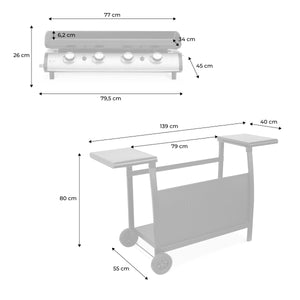 Plancha a gas a 4 fuochi in acciaio inox da 10 kw con carrello, nero
