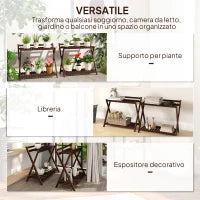 Set 2 Portapiante a 2 Livelli con Design a Doghe in Legno di Abete, 73x36x64 cm, Marrone Bruciato