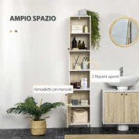 kleankin Colonna Bagno con 2 Ripiani Aperti e 2 Armadietti in Truciolato, 31.5x30x169 cm, Bianco e color Legno