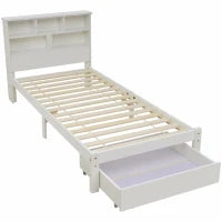 Letto Singolo con Cassetti e Rete a Doghe, Libreria, Senza Materasso, 90x200 cm, Bianco