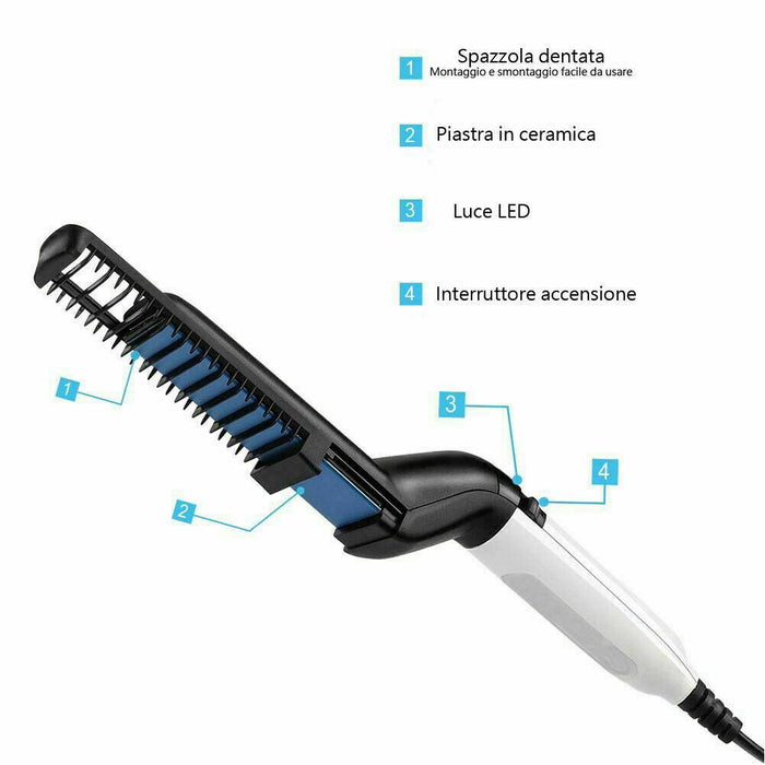 PIASTRA SPAZZOLA ELETTRICA PETTINE LISCIANTE CAPELLI BARBA UOMO STYLING 2 IN 1