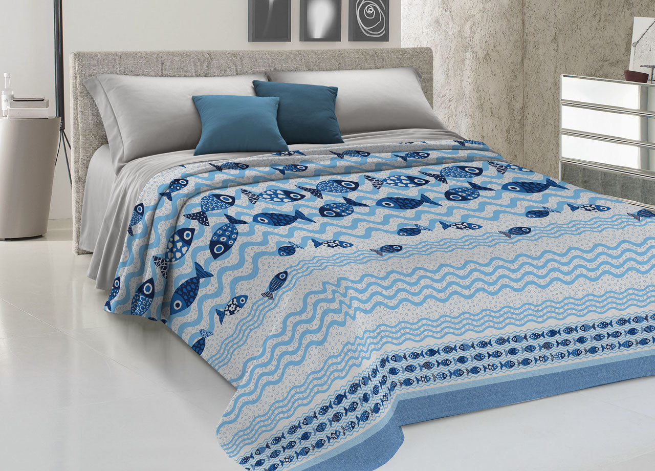 Copriletto Piquet Primavera Estate 100% Cotone Disegno Pesciolini - Matrimoniale - Blu