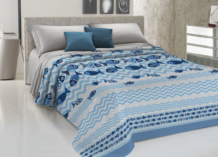 Copriletto Piquet Primavera Estate 100% Cotone Disegno Pesciolini - Matrimoniale - Blu