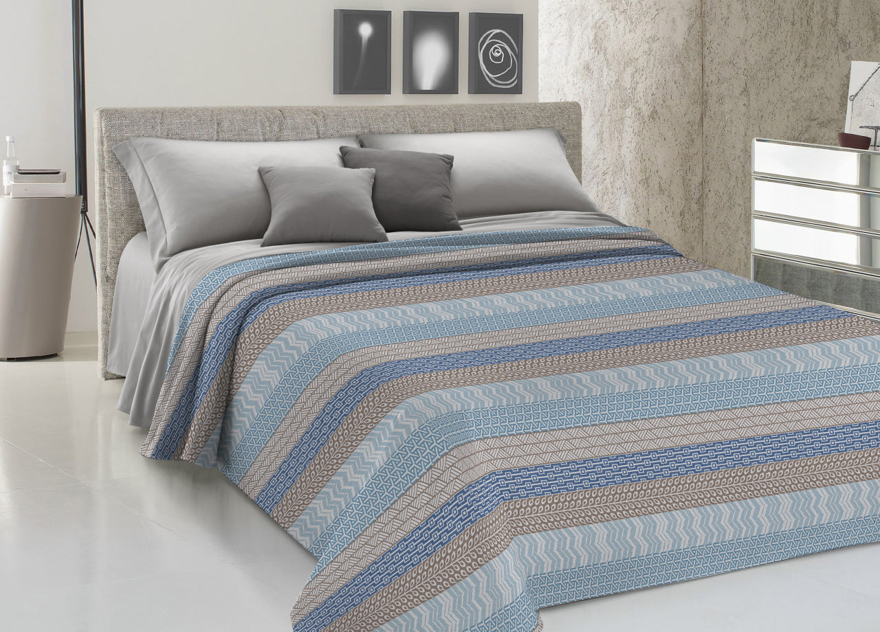 Copriletto Piquet Primavera Estate 100% Cotone Disegno Azteco - Piazza e Mezza - Azzurro